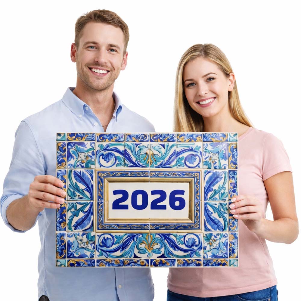 Custom Ceramic Tile - Year of Foundation 2026 in Mediterranean Blue Azulejo Motif