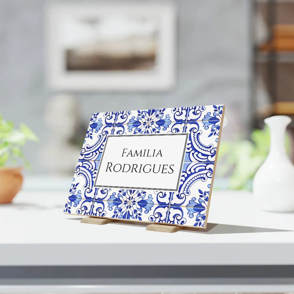 Personalized Portuguese Tile Family Sign: Blue Azulejo Ceramic Art