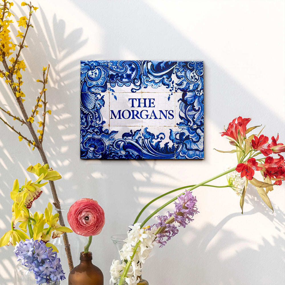 Personalized Delft Blue Ceramic Tile: Chinoiserie Family Name Sign