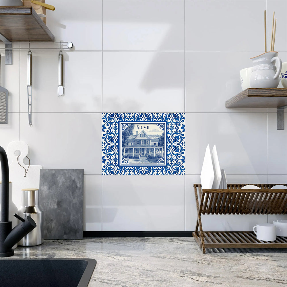 Custom Family Name & House Photo Tile - Personalized Azulejo Style Home Portrait
