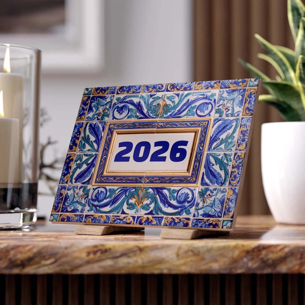 Custom Ceramic Tile - Year of Foundation 2026 in Mediterranean Blue Azulejo Motif