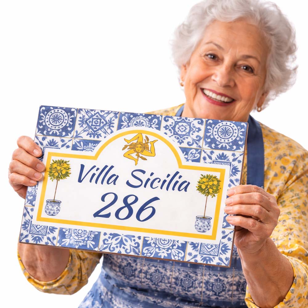 Custom Sicilian House Sign, Ceramic Sicily Trinacria & Majolica Tile Address Plaque, Italian Pride Gift