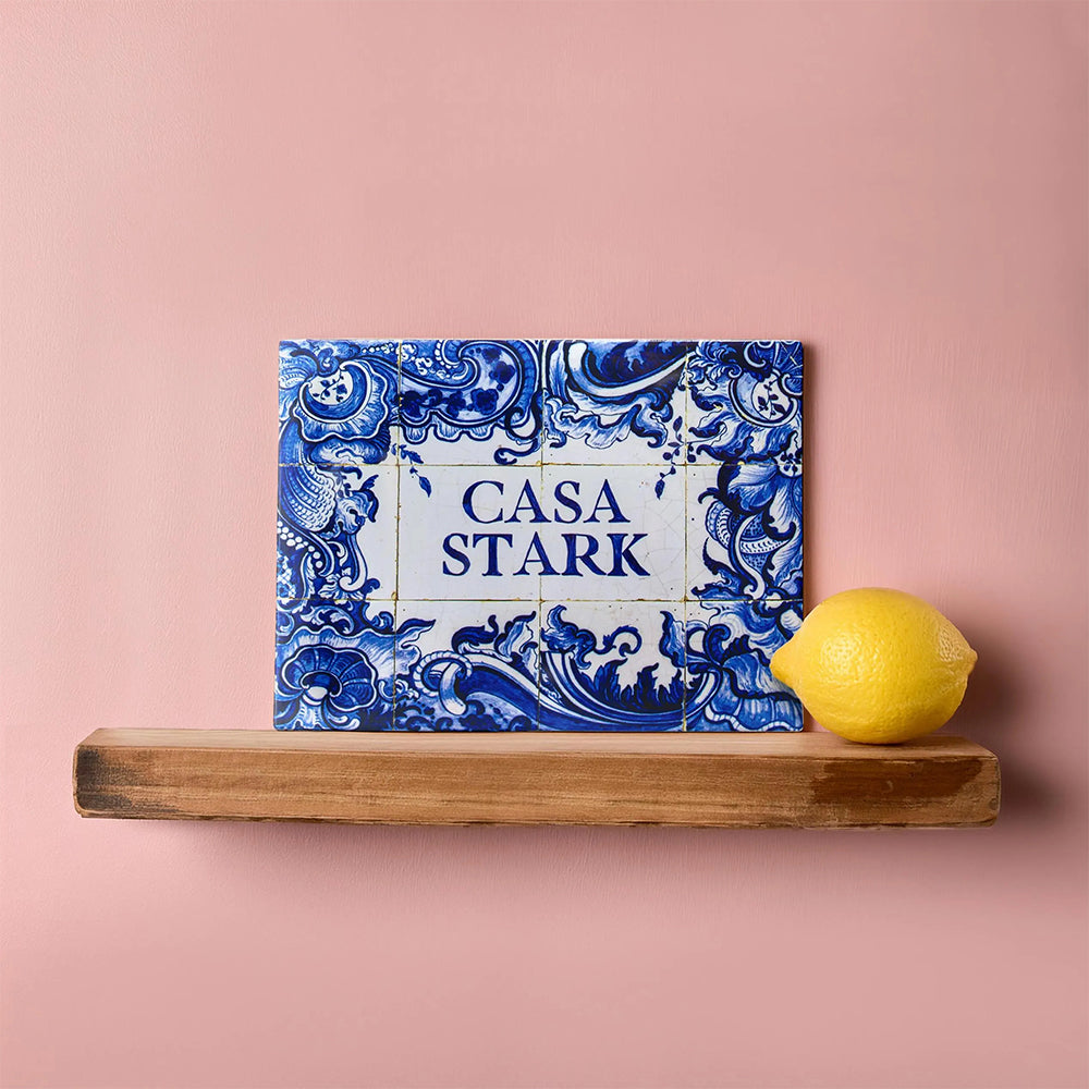 Personalized Delft Blue Ceramic Tile: Chinoiserie Family Name Sign