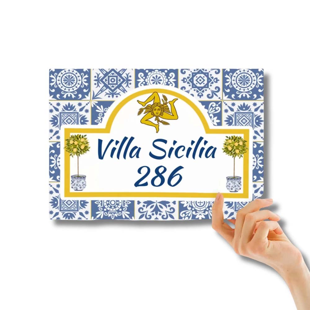 Custom Sicilian House Sign, Ceramic Sicily Trinacria & Majolica Tile Address Plaque, Italian Pride Gift