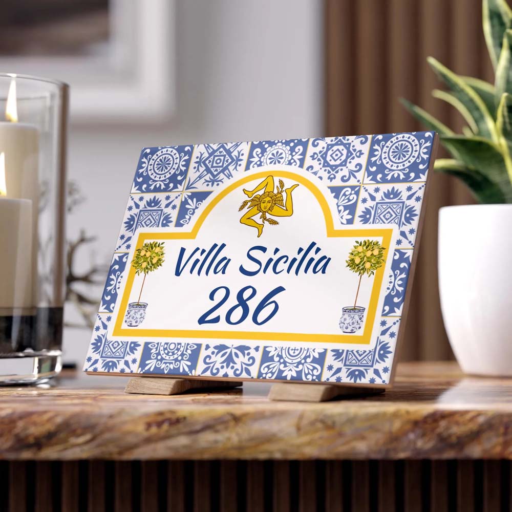 Custom Sicilian House Sign, Ceramic Sicily Trinacria & Majolica Tile Address Plaque, Italian Pride Gift