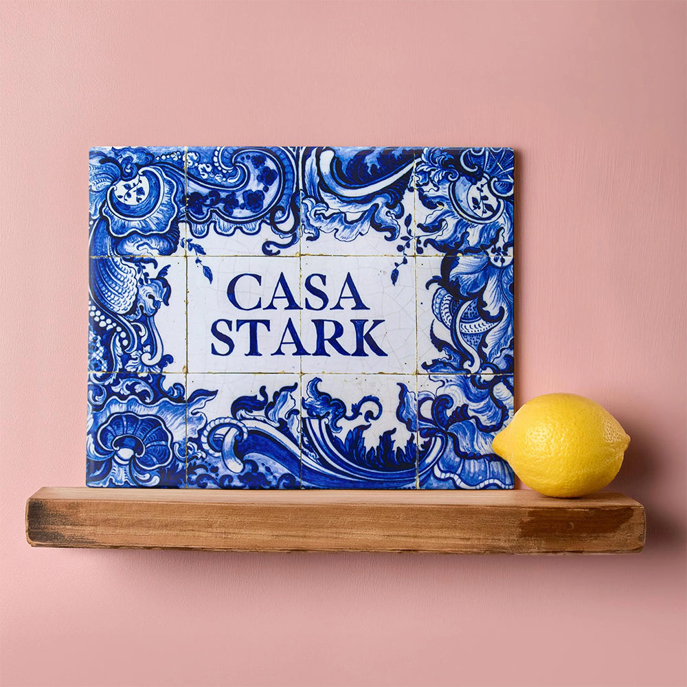 Personalized Delft Blue Ceramic Tile: Chinoiserie Family Name Sign