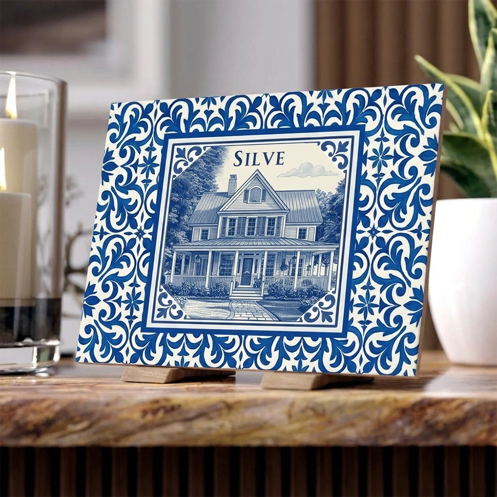 Custom Family Name & House Photo Tile - Personalized Azulejo Style Home Portrait