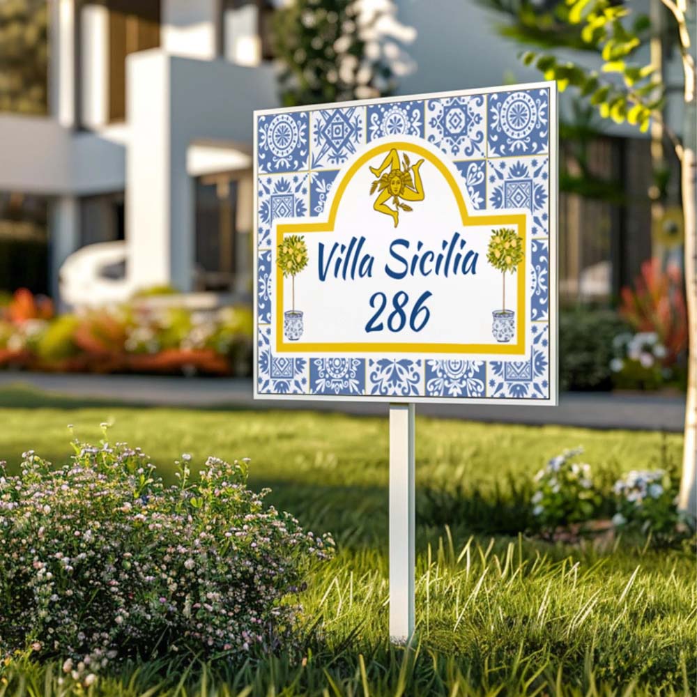 Custom Sicilian House Sign, Ceramic Sicily Trinacria & Majolica Tile Address Plaque, Italian Pride Gift