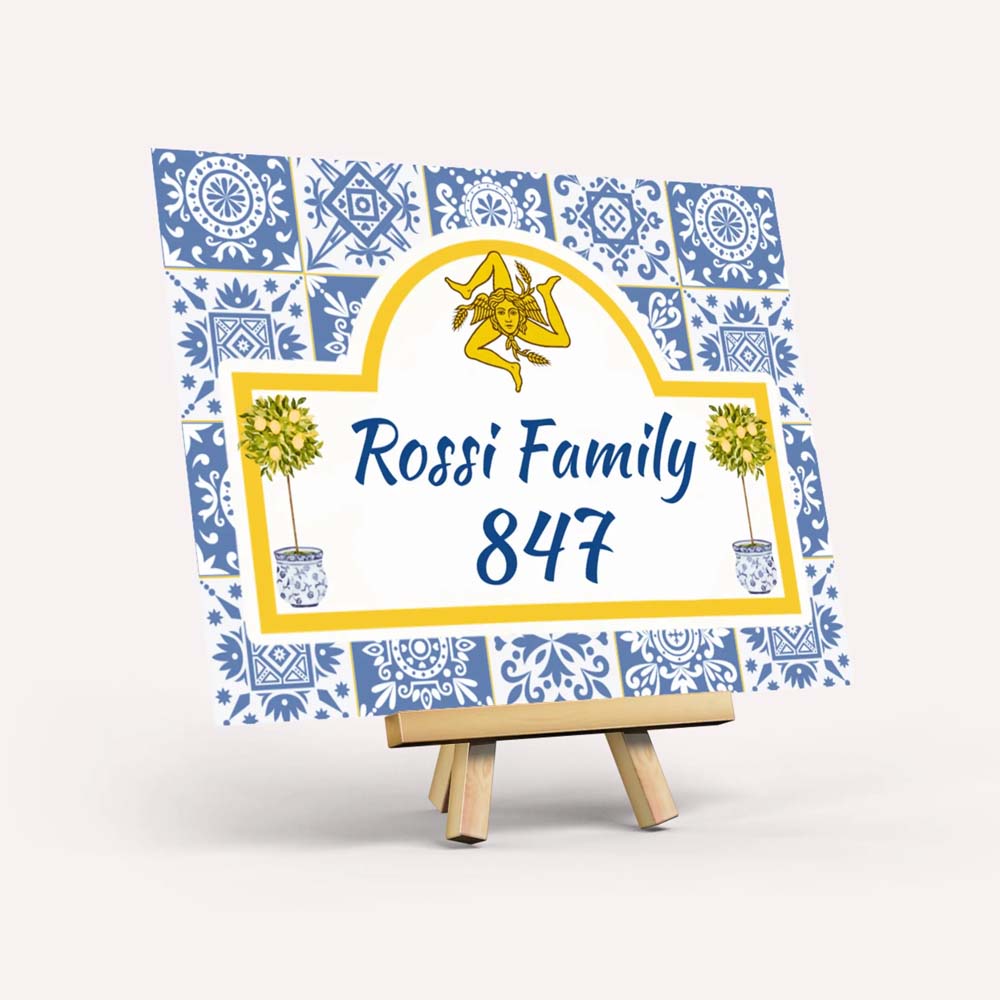 Custom Sicilian House Sign, Ceramic Sicily Trinacria & Majolica Tile Address Plaque, Italian Pride Gift