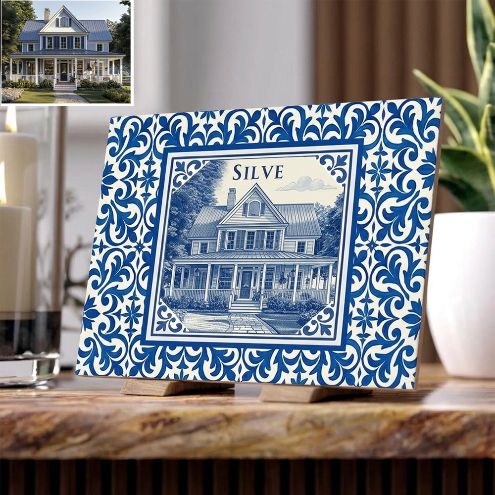 Custom Family Name & House Photo Tile - Personalized Azulejo Style Home Portrait