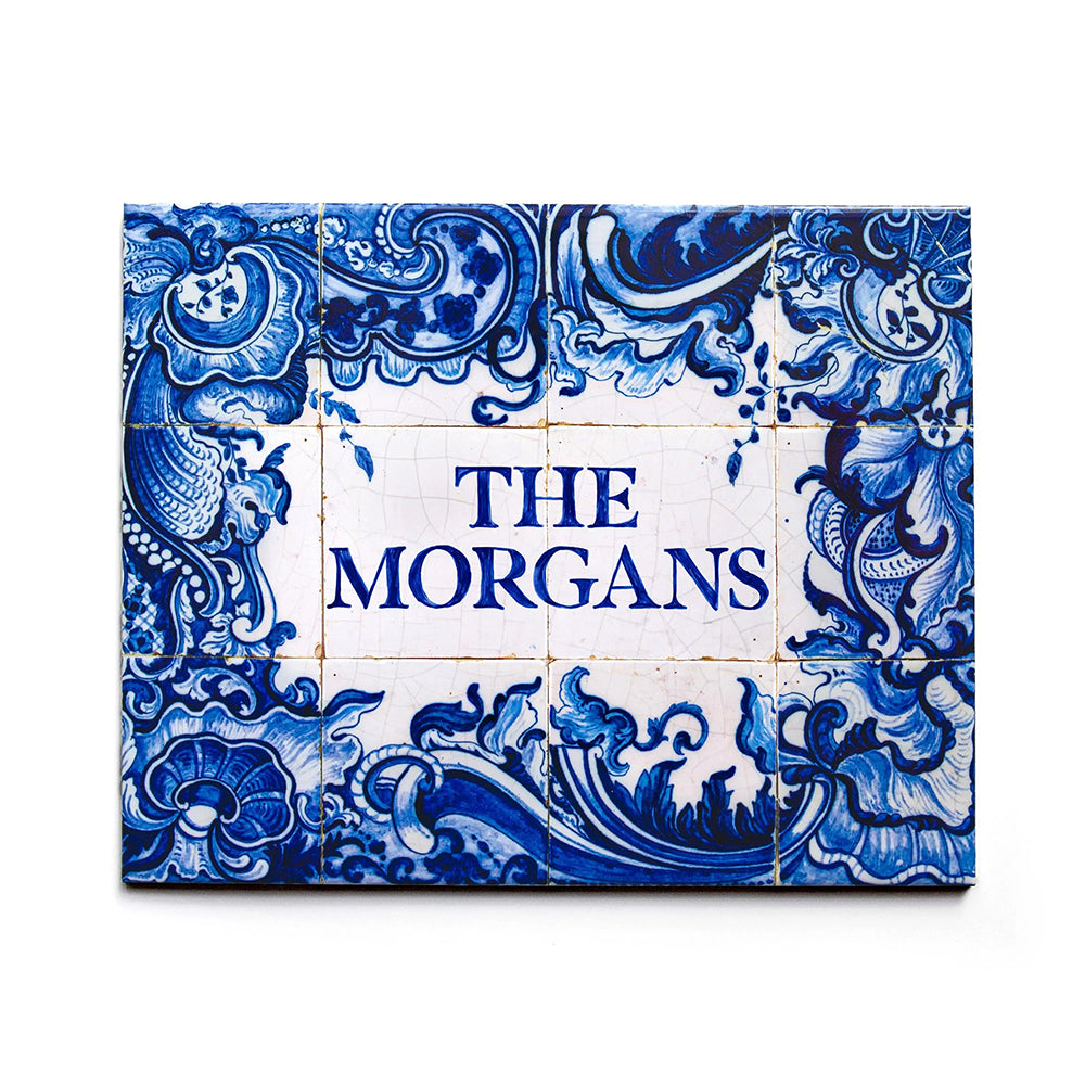Personalized Delft Blue Ceramic Tile: Chinoiserie Family Name Sign