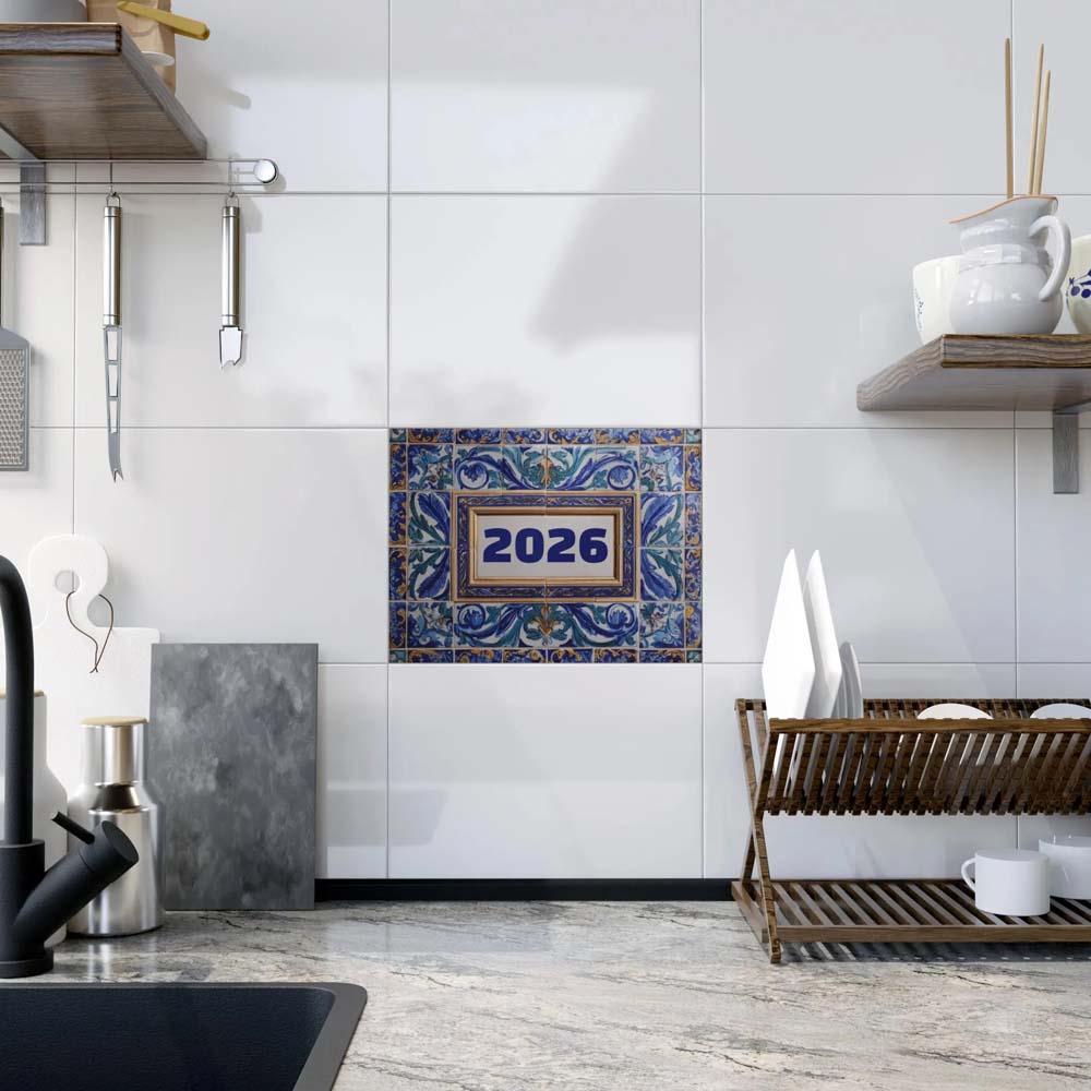 Custom Ceramic Tile - Year of Foundation 2026 in Mediterranean Blue Azulejo Motif