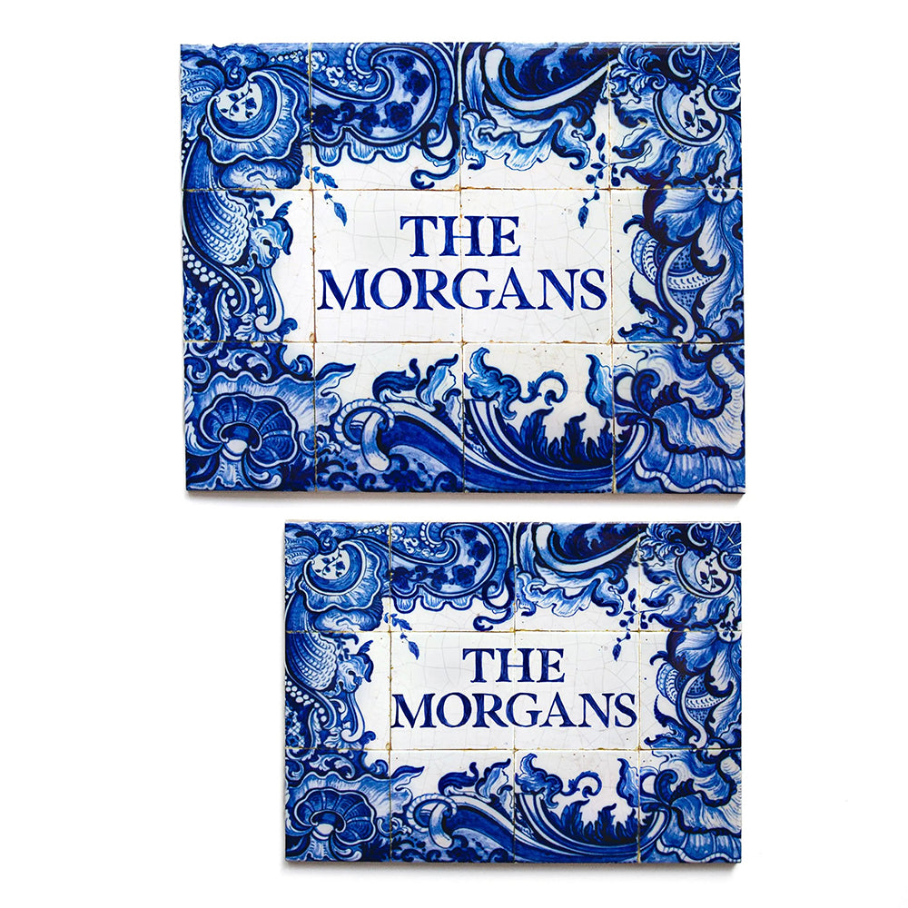 Personalized Delft Blue Ceramic Tile: Chinoiserie Family Name Sign