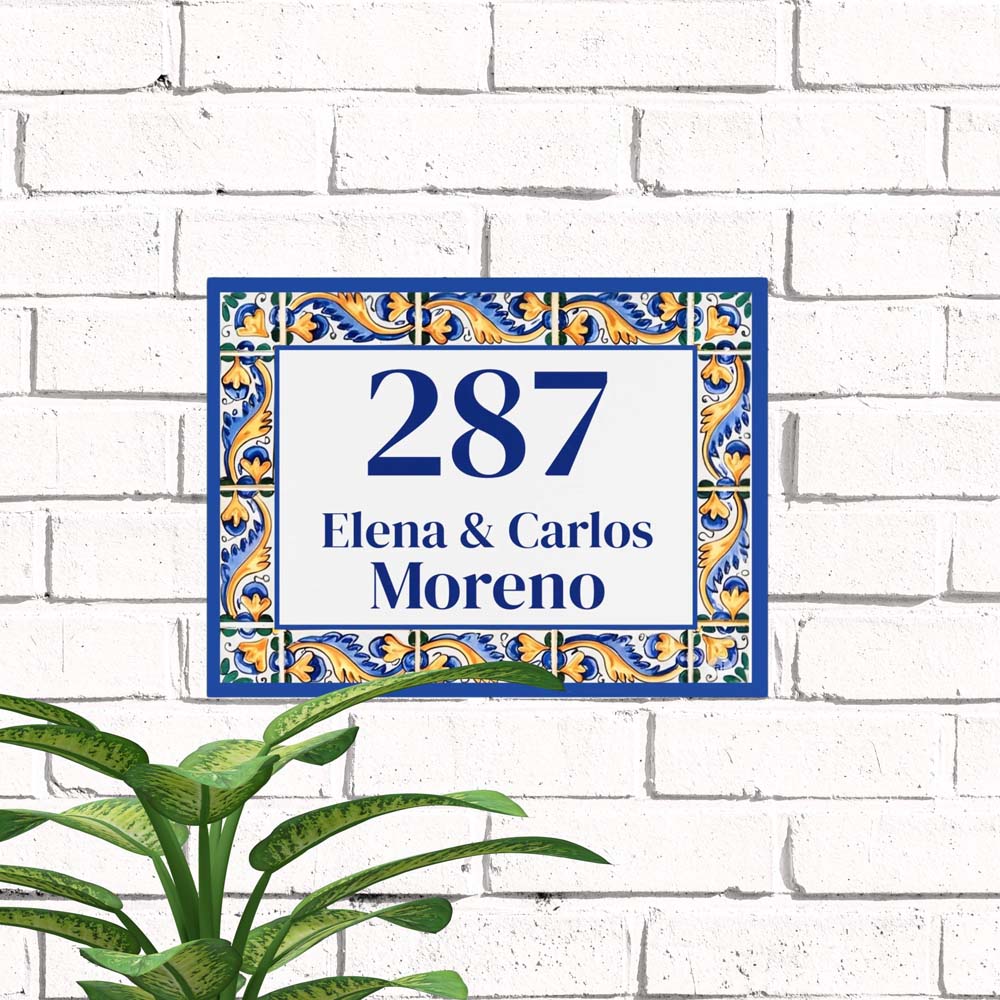 Azulejo Tile Address Plaque, Ceramic Family Name House Number