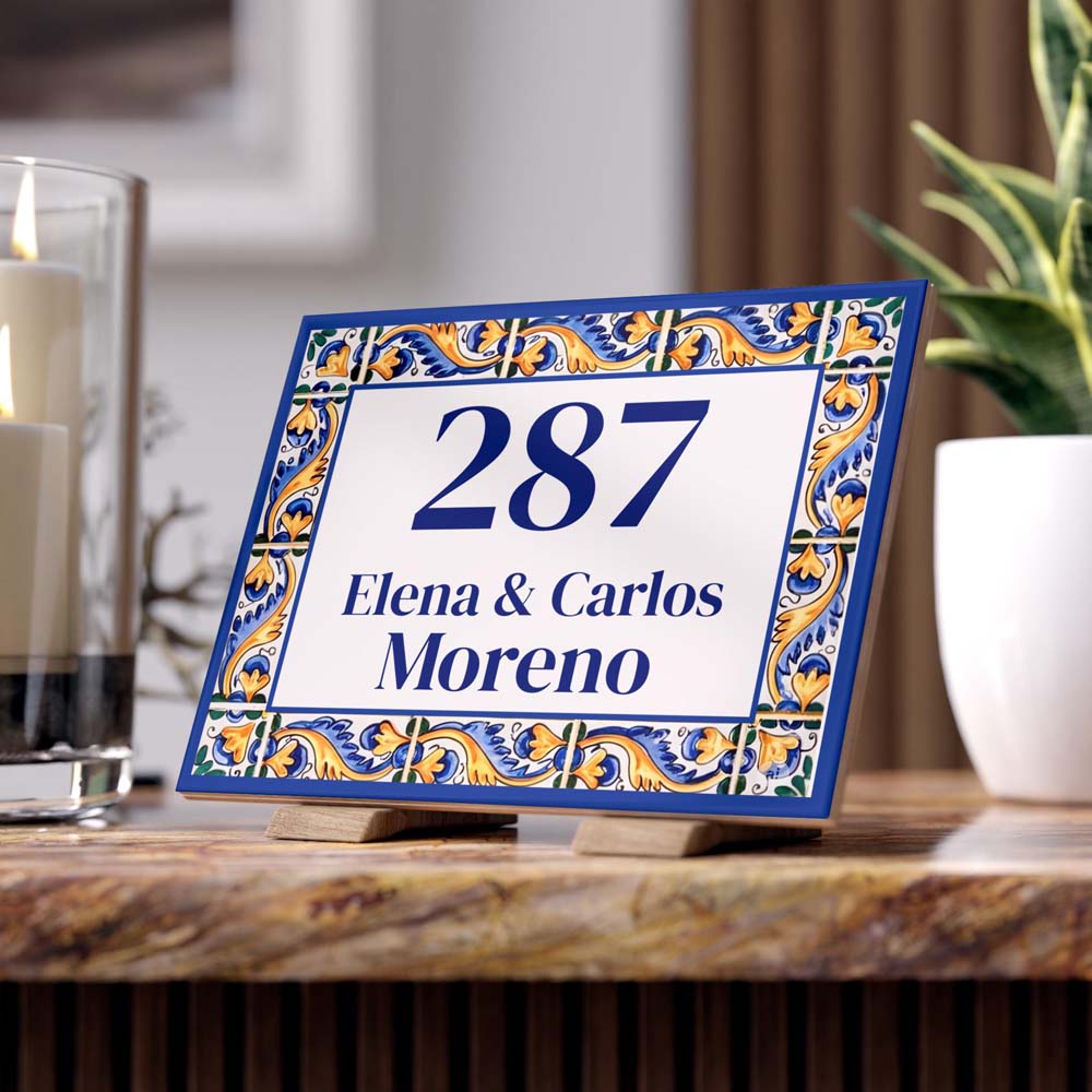 Azulejo Tile Address Plaque, Ceramic Family Name House Number