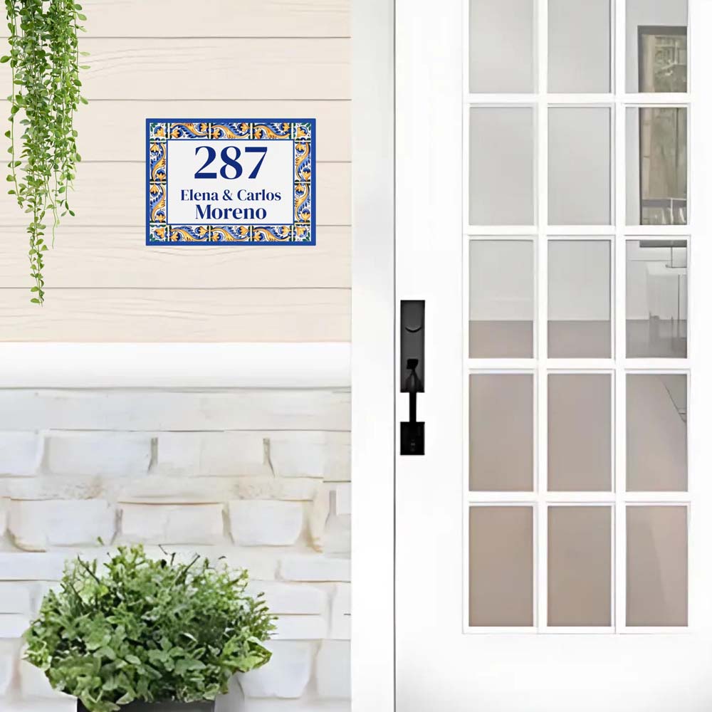 Azulejo Tile Address Plaque, Ceramic Family Name House Number